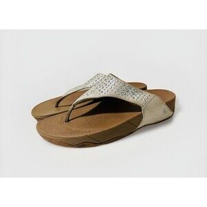 FitFlop Lulu Sparkly Rhinestone Nude Gold Thong Flip Flop Wedge Cushion Women 10